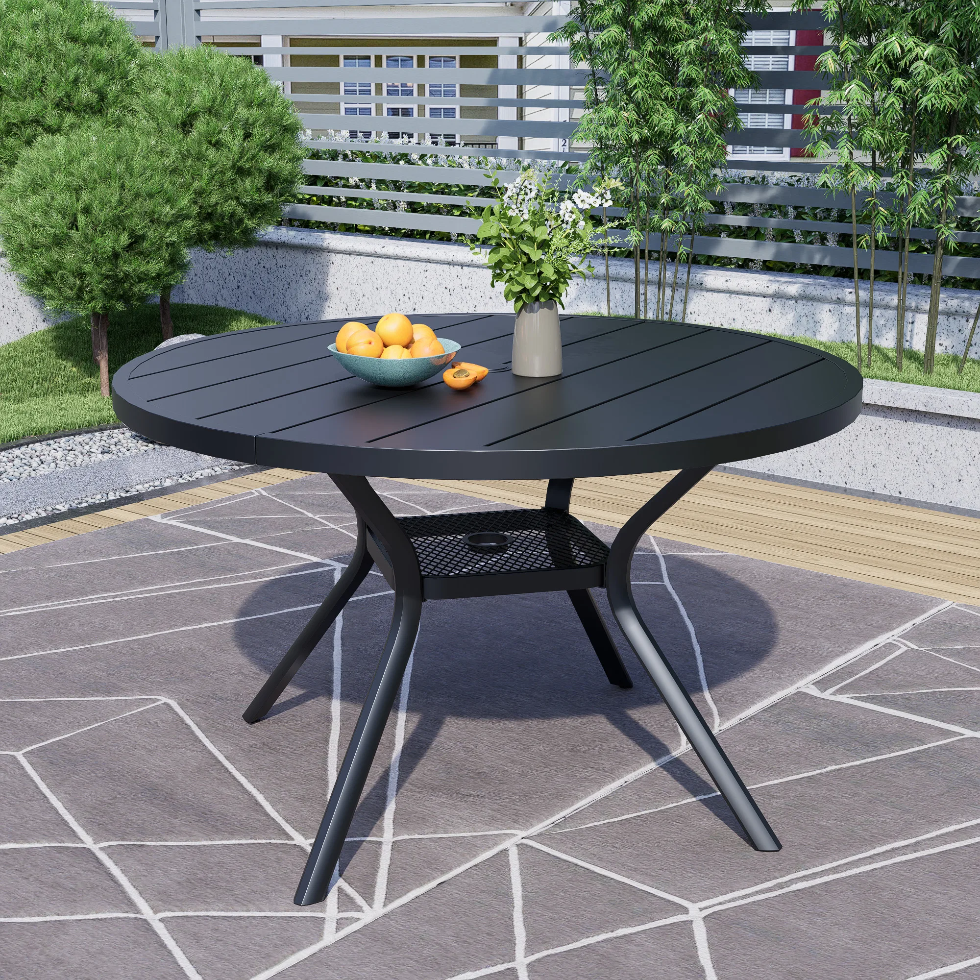 

BIGGET Round Outdoor Dining Table Heavy-Duty Metal Slatted Table with Umbrella Hole & Mesh Storage Shelf for Backyard Poolside