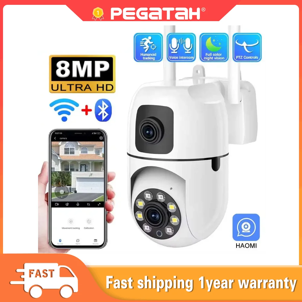 PEGATAH 4K 8MP PTZ WiFi Cam HD Cam Dual Lens Dual Screen Outdoor Surveillance Cam Auto Tracking Security Protection CCTV Haomi