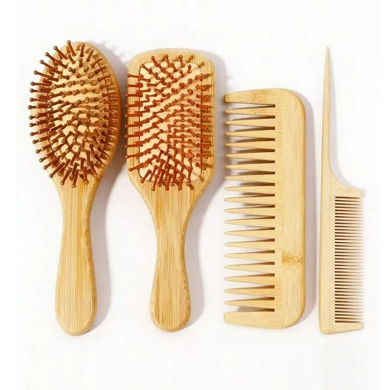 Juego de cepillos para el cabello de bambú de 1 pieza/4 piezas, que incluye un peine, un peine de masaje de dientes anchos para cabello rizado, adecuado para cabello rizado y grueso.