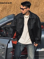 Mauroicardi Spring Cool Handsome Oversized Short Matte Black Pu Leather Jacket Men Zipper Pockets Loose Luxury Designer Clothes