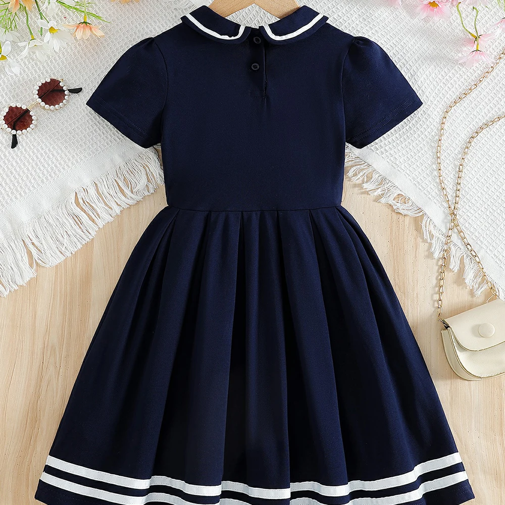 Mädchenkleid 5-12 Jahre Marineblau Matrosen-Sommerkleid 2026 Neu Peter-Pan-Kragen Kurzarm Plissiertes Schul- und Freizeitkleid – Detail 3