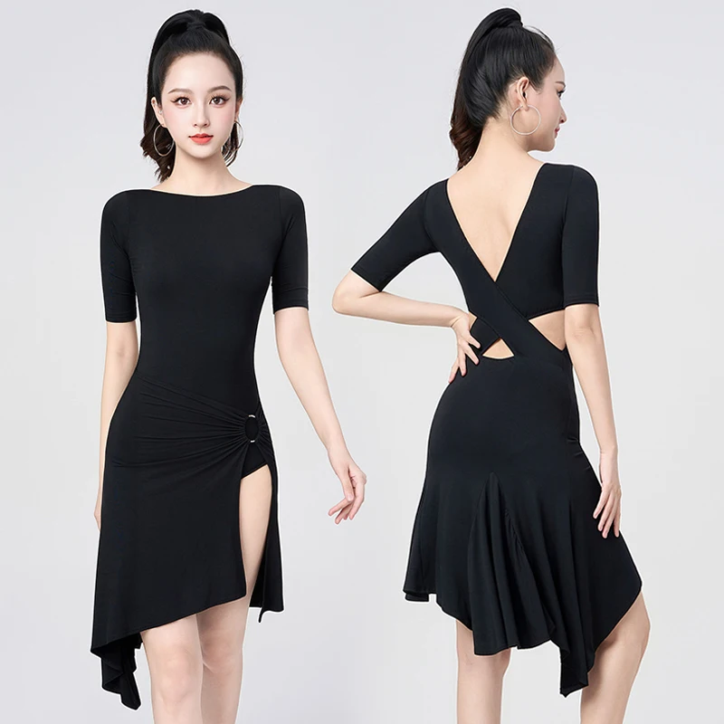 

2026 Latin Dance Practice Clothes Short Sleeve Dress Black Tango Dance Performance Clothing Women Cha Cha Training Wear AMY3791