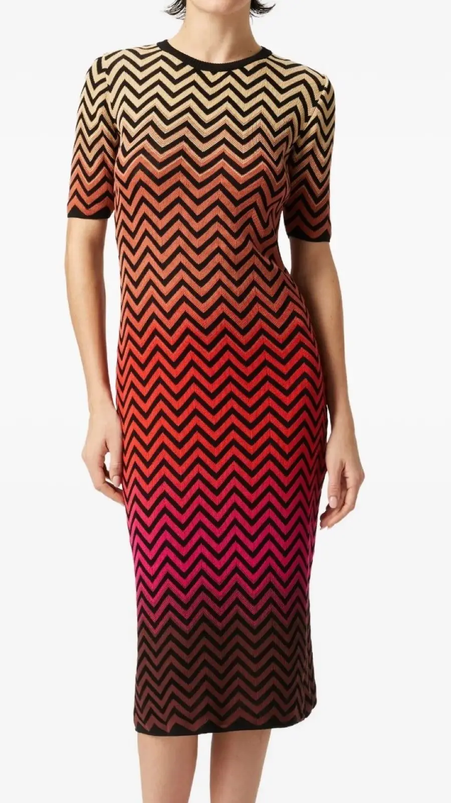 

Zigzag Striped Women Knitted Midi Dress Round Neck Short Sleeve Casual Slim Robe