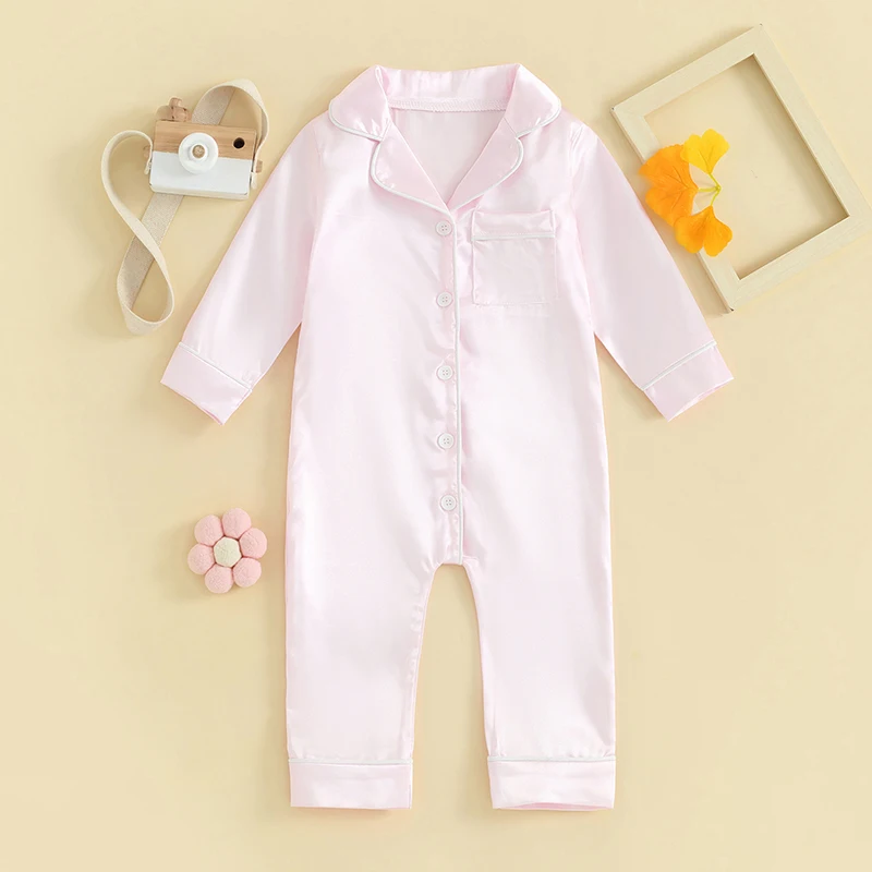 Kids Satin Pajamas Solid Color Button Long Sleeves Rompers Pants for Girls Boys Summer Loungewear Sleepwear