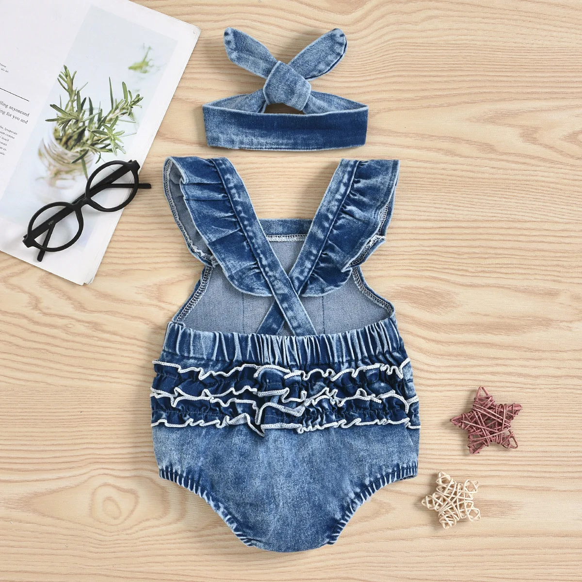 2PC Infant Boys And Girls Sleeveless Denim Fashion Retro Triangular Pajamas Casual Triangular Crawling Clothes