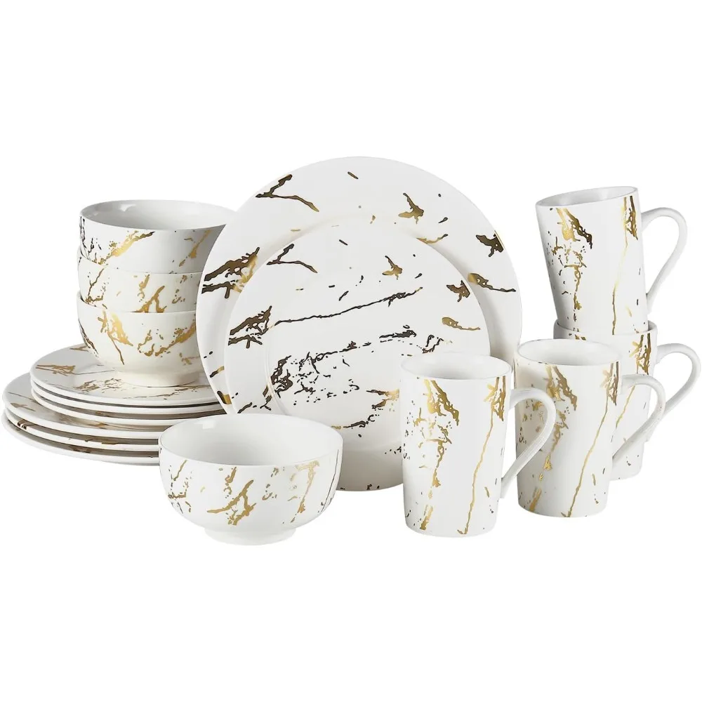 Dinnerware Sets for 4, 16 Piece Porcelain Dish Set Plates and Bowls Sets, Gold Marble Ceramic Dinner Set with Mugs