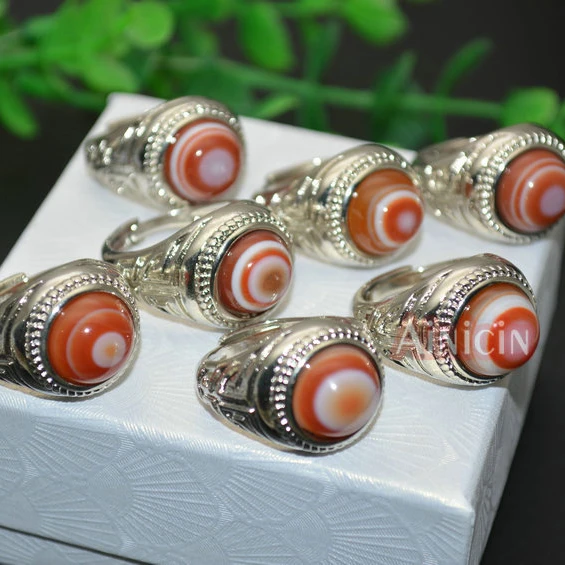 New Arrival 12mm Orange Color Cabochon Eyes DZI Agate Fashion Men's Rings Tibetan Gift Jewelry High Quality Adjustable Ring 3pcs