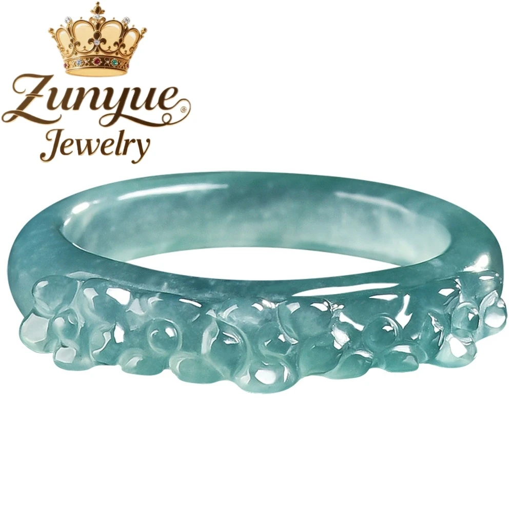 

Natural Genuine A-Grade Ice-Blue Jadeite Ring Couples Featuring A Three-Dimensional Peony Flower High-end Fashion Fine Jewelry