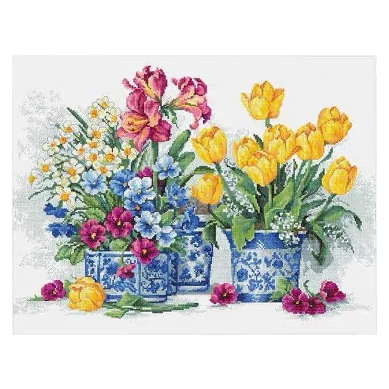 Amishop Beautiful Counted Cross Stitch Kit Spring Garden Tulip Flowrs Blue And White Porcelain Luca-S B2385