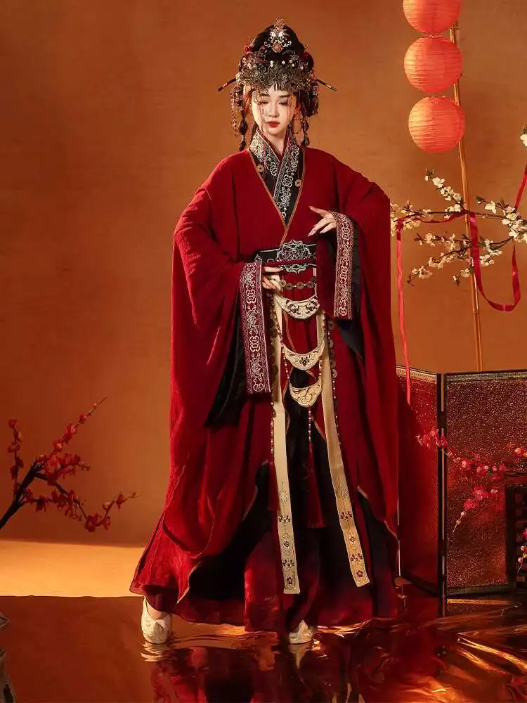 2025 Hanfu للرجال والنساء بنفس النمط [نار صناعة اللوتس الأحمر] استعادة رداء مستقيم من فترة الدول المتحاربة، ثقيل