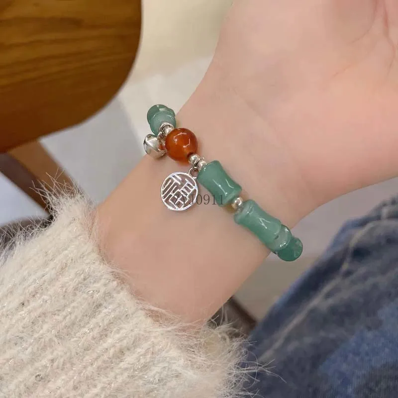 *New Chinese Style Green Crystal Bamboo Bracelet for Women Girl Vintage Elastic Beaded Charm Bangle Bracelet Jewelry  Lover Gift