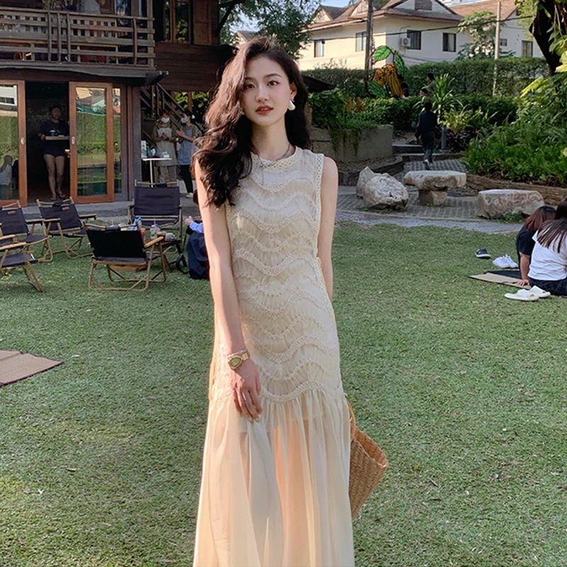 

Белое тонкое длинное платье без рукавов, новое летнее французское элитное модное лоскутное платье для женщин с круглым вырезом, роскошное вечернее платье