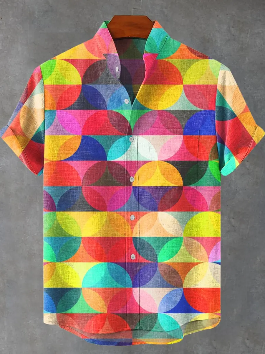 قميص رجالي مريح بأكمام قصيرة من الكتان 100% قميص رجالي أنيق بنمط مخطط هندسي قميص عصري غير رسمي #3