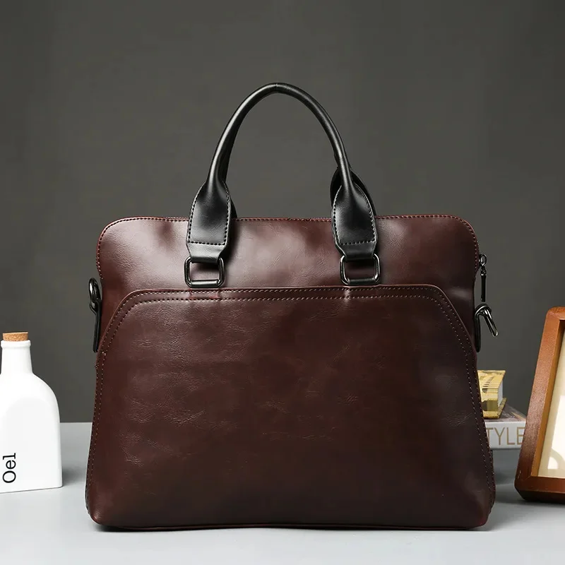 Vintage Soft Leather Men's Briefcase Business Handbag 14“ Laptop Casual Shoulder Messenger Bag For Male