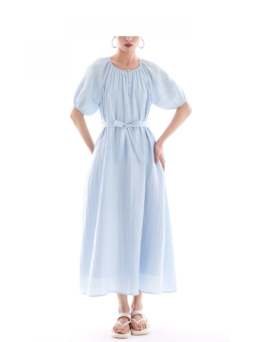 

Свободное платье с круглым вырезом и коротким рукавом, синее, женское, повседневное, весна-лето, новинка, с юбкой-клеш и пуговицами