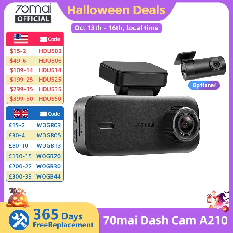 New 70mai A210 Dash Cam 1080P 130FOV Supercapacitor Super Night Vision with F/1.6 Aperture Built-in GPS Wi-Fi 6