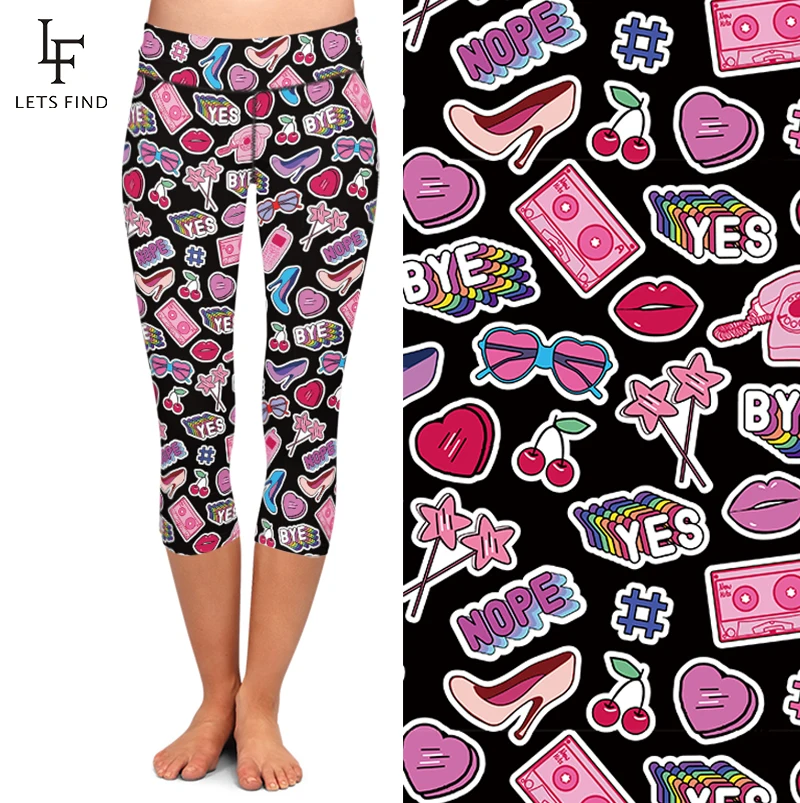 LETSFIND Mode Neue Comic Stil Druck Frauen Fitness Elastische Mid-Waden Leggings Hohe Taille Dünne Capri Leggings