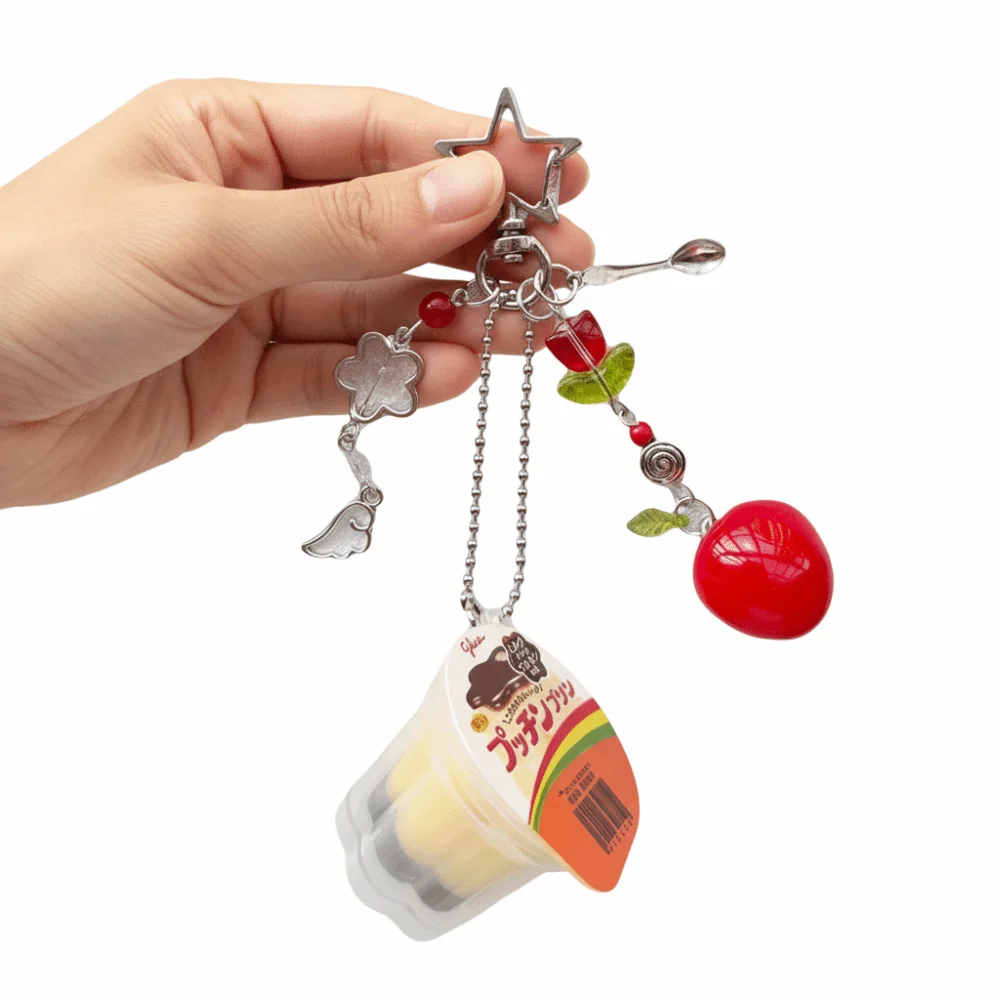 Pink Yellow Japanese Pudding Keychain Retro Aesthetic Punk Stars Egg Flan Charm Colorful Beads Moon Sun Pendant Boho Keychain