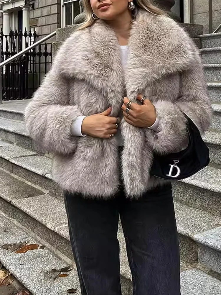 

HH Зимняя женская куртка из искусственного меха, пальто в стиле ретро с лацканами, повседневная теплая куртка с длинными рукавами, женская модная шикарная уличная куртка
