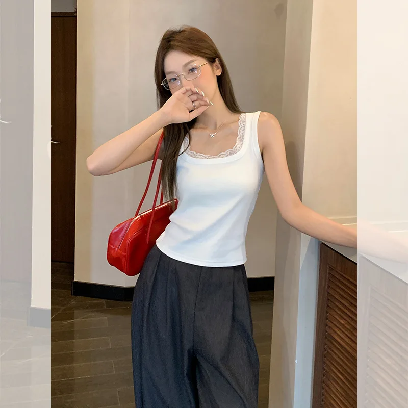White Lace Patchwork Design Vest Camisole for Women 2025 Summer New Slim Fit Sleeveless Top