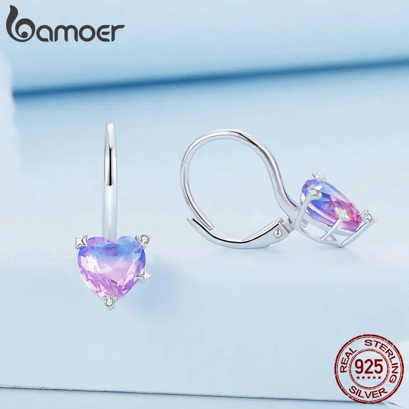 Bamoer 925 Sterling Silver Blue and Purple gradual changing Glass Heart Hoop Earrings for Women Sweet Romantic Jewelry BSE743