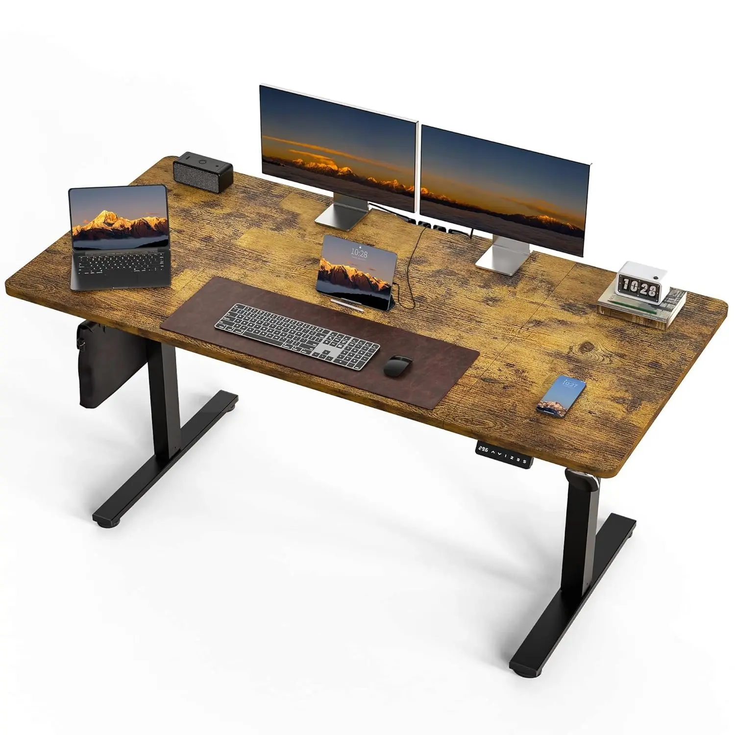 Electric Standing Desk 63x30 Inch Rustic Brown Adjustable Height Sit to Stand Office Dual & Triple Monitor, Customized
