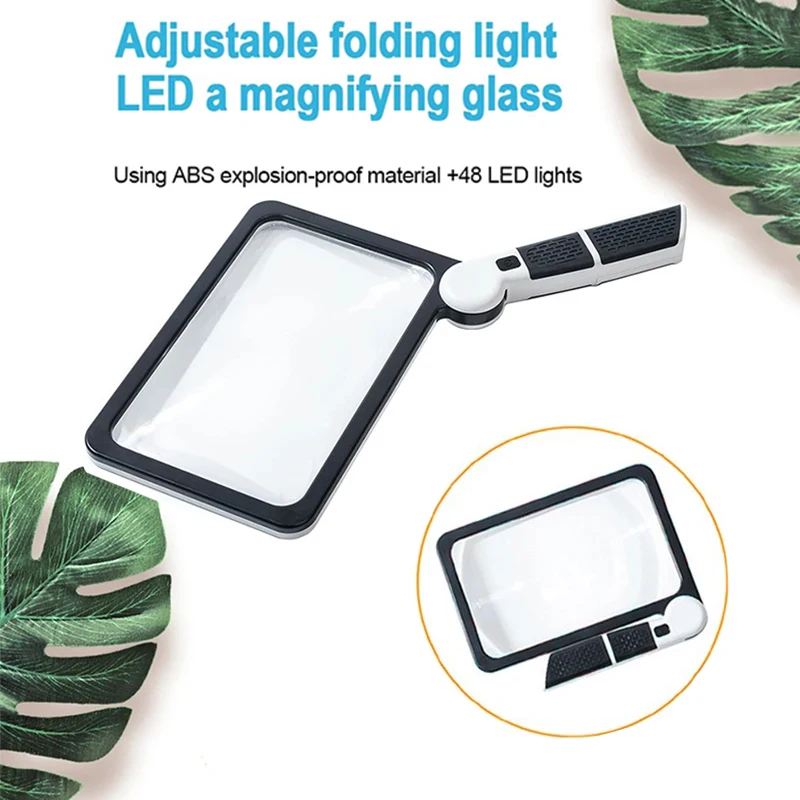 

5X Portable Handheld Magnifier with 48 Adjustable LED Lights High Definition Square Magnifying Glass for Reading/Jewelry/Repair