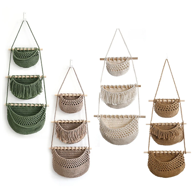 رف تخزين من حبل القطن المنسوج يدويًا مكون من 3 طبقات، سلة معلقة على الحائط وداخل الباب، حقيبة تخزين متنوعة على الطراز الريفي