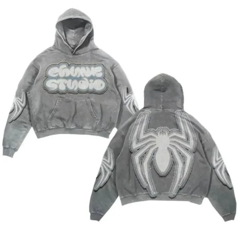 Harajuku 2024 Autumn New Spider Print Hooded Sweatshirt Street Hip-hop Retro Casual Oversized Y2k Hoodie Jojo Bizarre Adventure