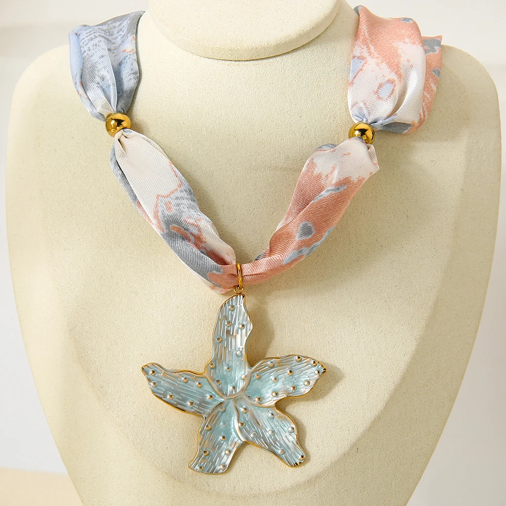 

INS Style Dopamine Starfish Necklace 18K Gold Plated Pendant Colorful Ribbon Chain Stainless Steel Necklace Jewelry for Women