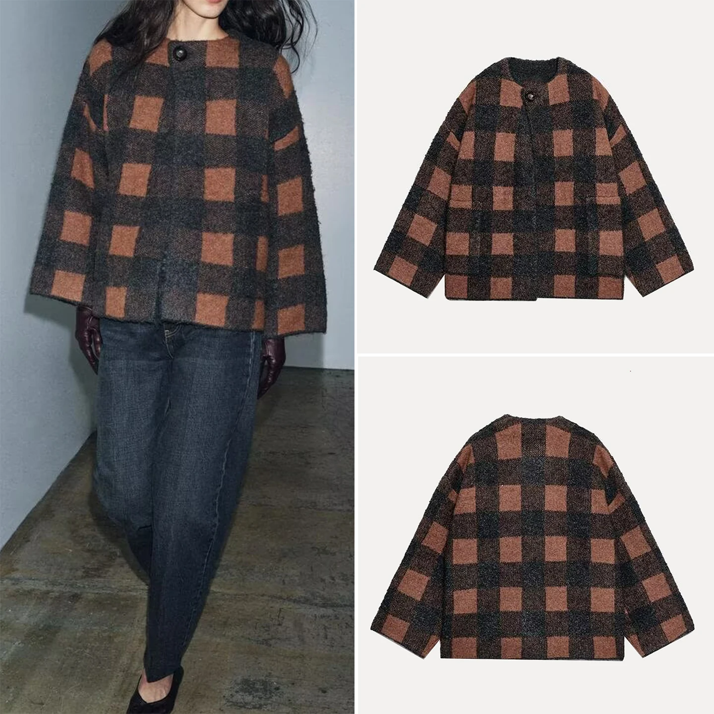 

Z женское вязаное клетчатое пальто, новинка 2025, Faion Personali Sle, свободный крой, обычный тонкий осенний сезон