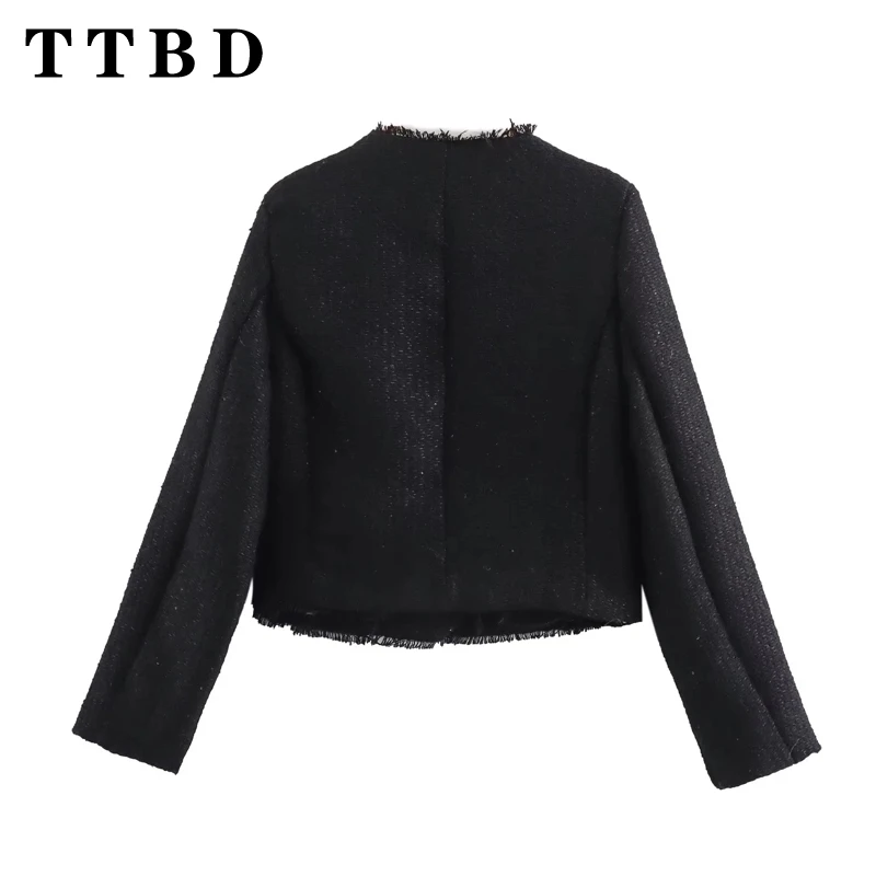 TTBD 2024 nuevo otoño mujer Casual cuello redondo Color sólido chaqueta de manga larga Top moda femenina abrigo con bolsillos de un solo pecho