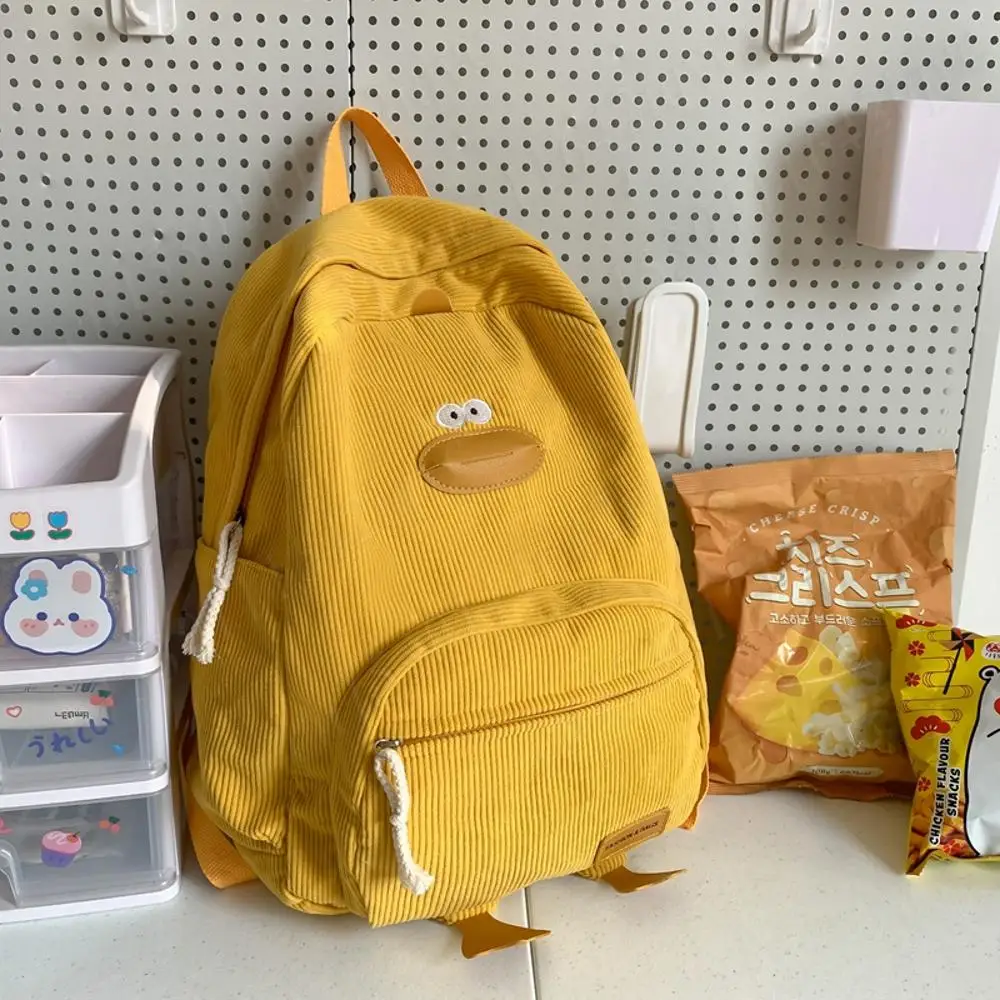 Cute Duck Print Backpack Cartoon Kawaii Corduroy Casual Daypack Lightweight Large Capacity Knapsack Student School Bookbags