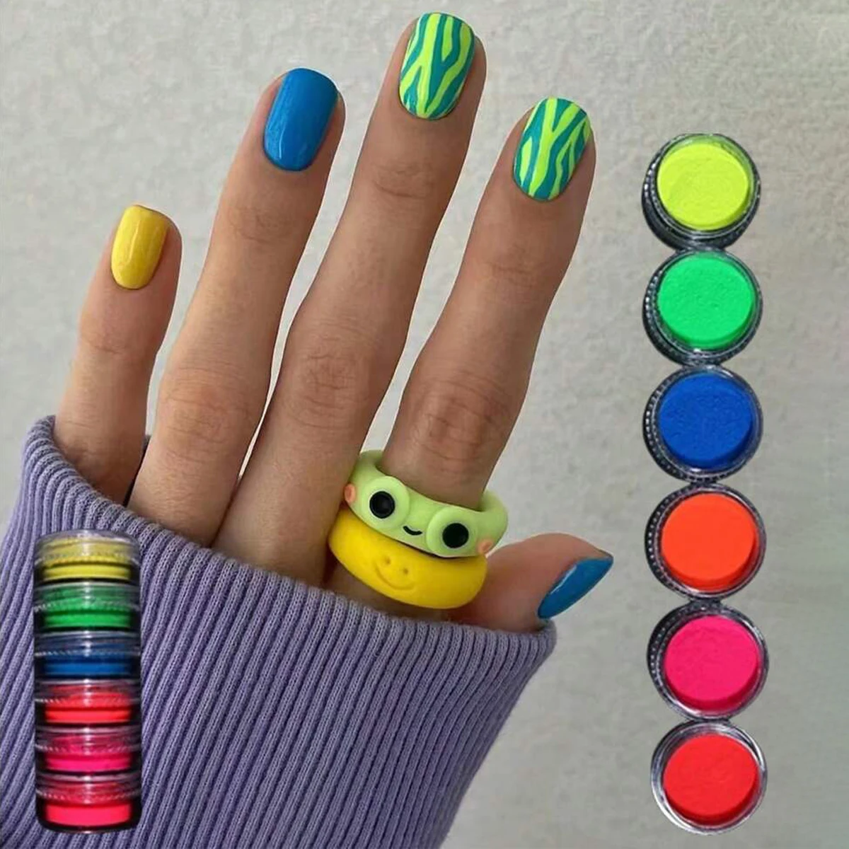 1 セット 6 色蛍光マニキュアグリッターパウダーネオンクリスタルパウダーアクリルキット光沢のあるブラシクロームネイルアート作成ツール