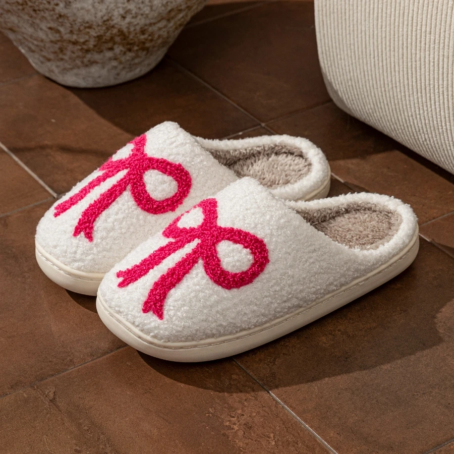 

Плюшевые теплые домашние тапочки для девочек, зимний подарок с милым бантом, удобная модная женская домашняя обувь для нечетких пар, простая обувь для спальни на мягкой подошве