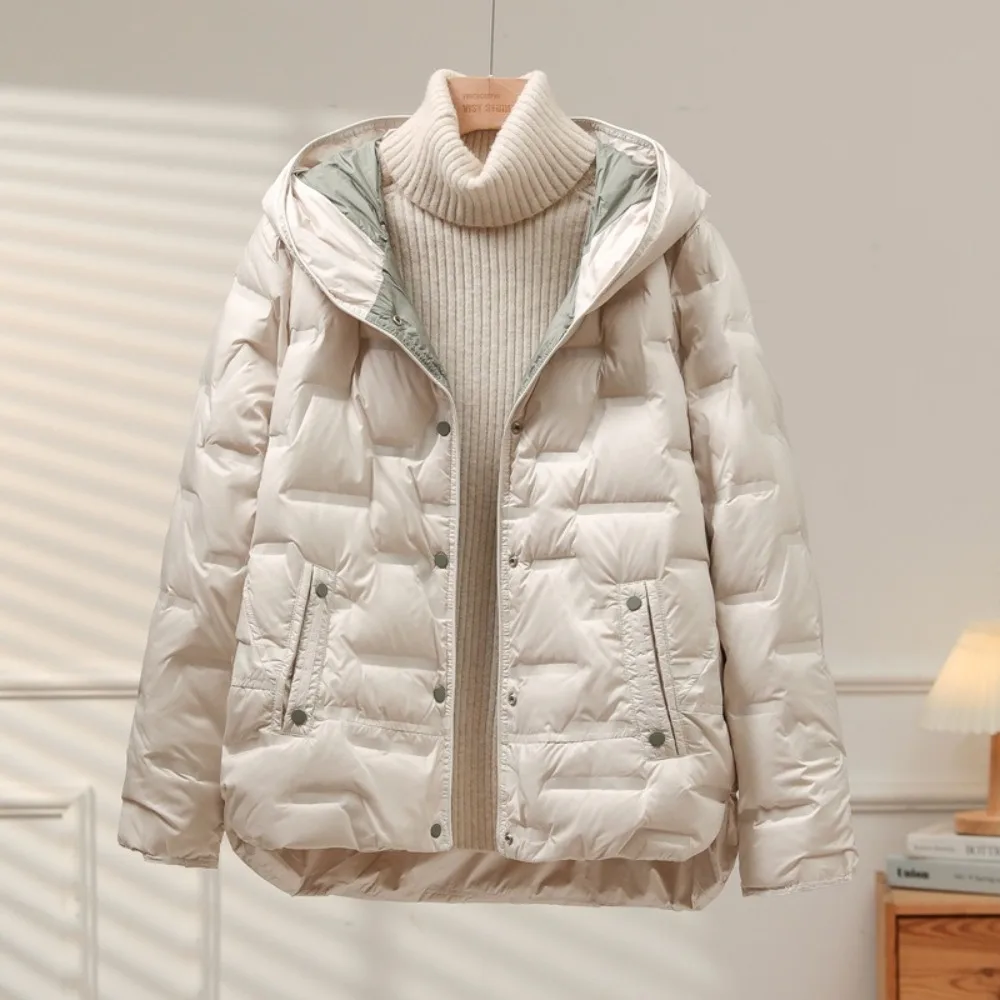 2024 New Autumn Winter Women White Duck Down Coat Casual Hooded Single Breasted Jacket Fashion Light Puffer Parka Outwear