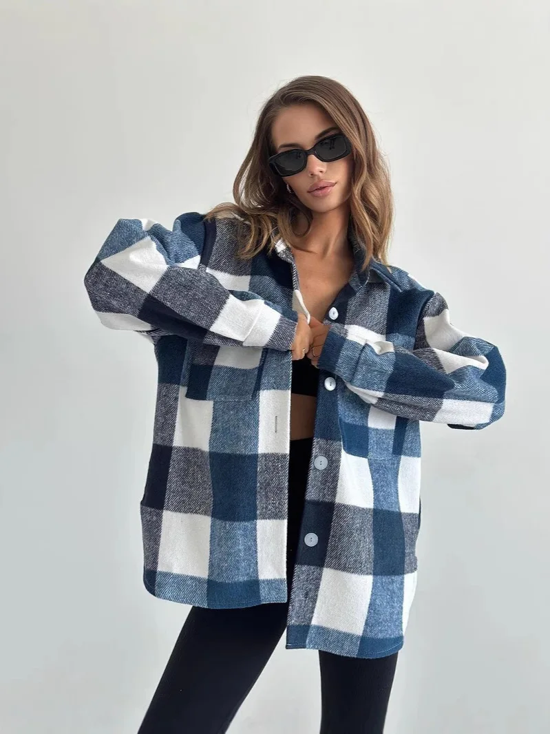 

Women Plaid Shirts Fall Streetwear Vintage Classic Shirt Flannel Lapel Long Sleeve Button Jacket Female Warm Cardigan Coat
