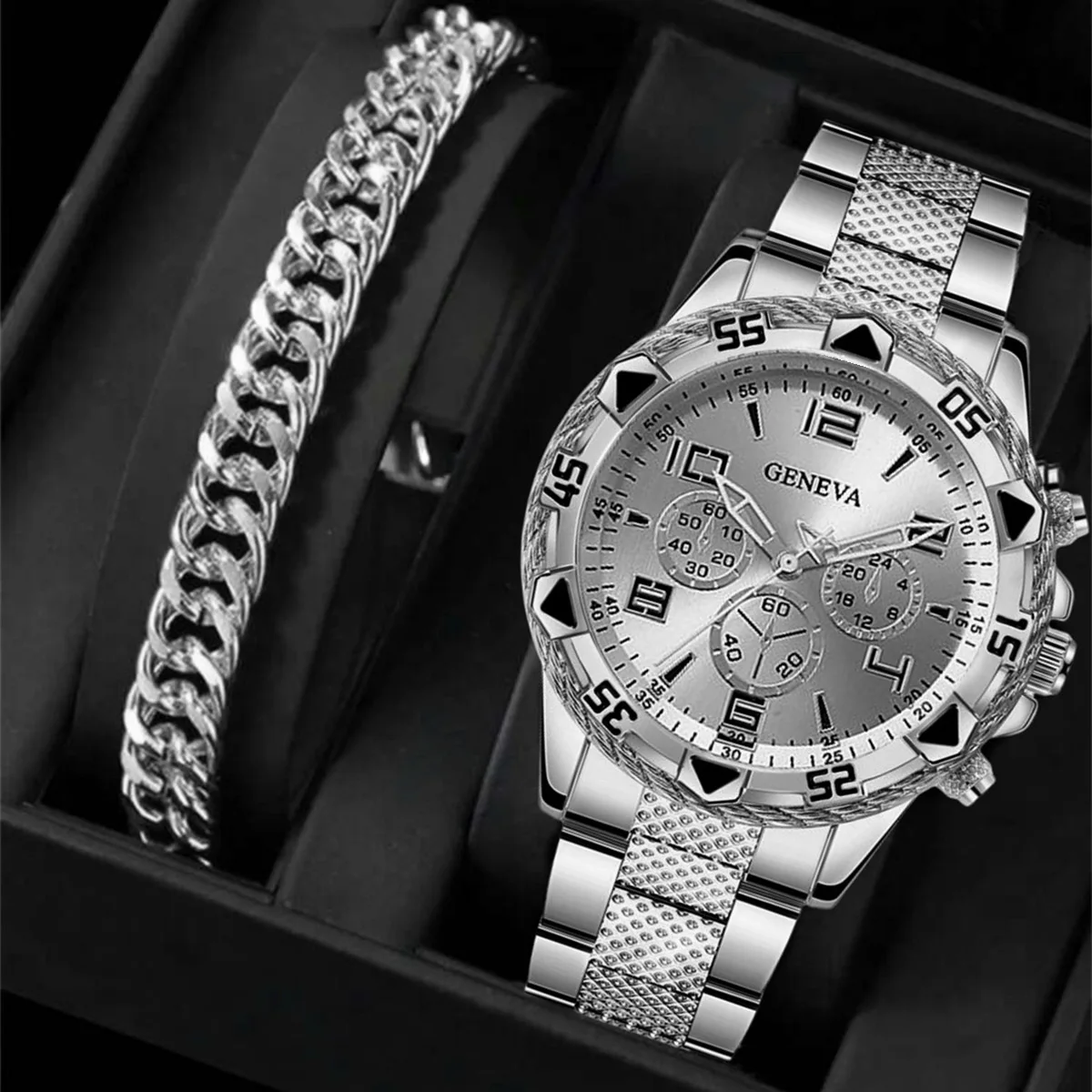 

2 шт./компл. модные мужские часы, повседневные деловые кварцевые часы с набором браслетов, подарок для себя, мальчиня, папы, мужской ремешок