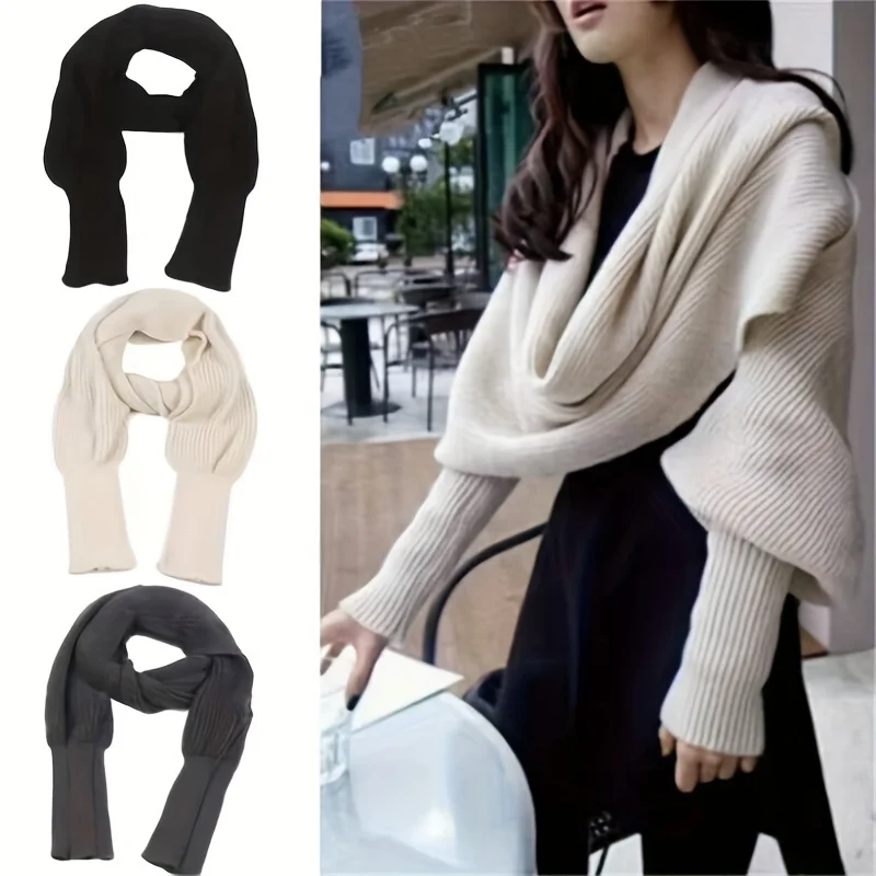 Solid Color Knit Shawl With Long Sleeves Elegant Soft Warm Short Top Autumn Winter Coldproof Elastic Wrap Scarf