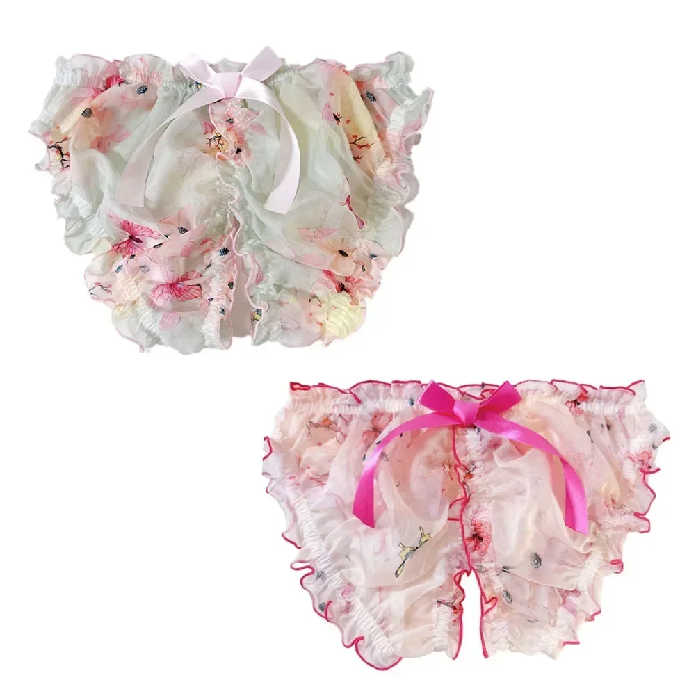 남자 섹시한 오픈 가랑이 쉬폰 팬티를 통해 볼 여자 가랑이없는 팬티 란제리 속옷 보우 매듭 부드러운 부드러운 에로틱 팬티