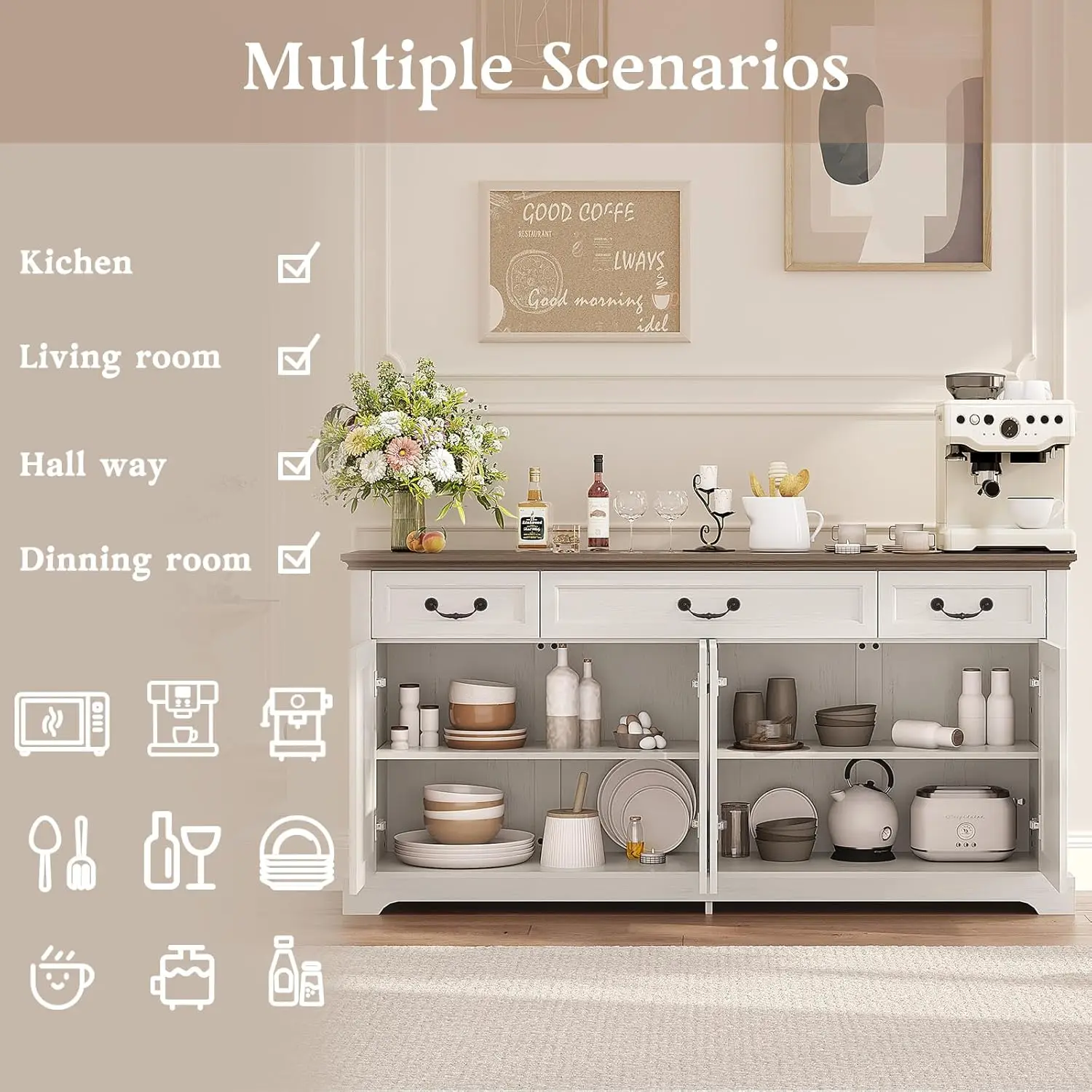 65' 화이트 팜하우스 뷔페 캐비닛(서랍 3개, 문 4개 포함) - 주방 및 거실 수납장