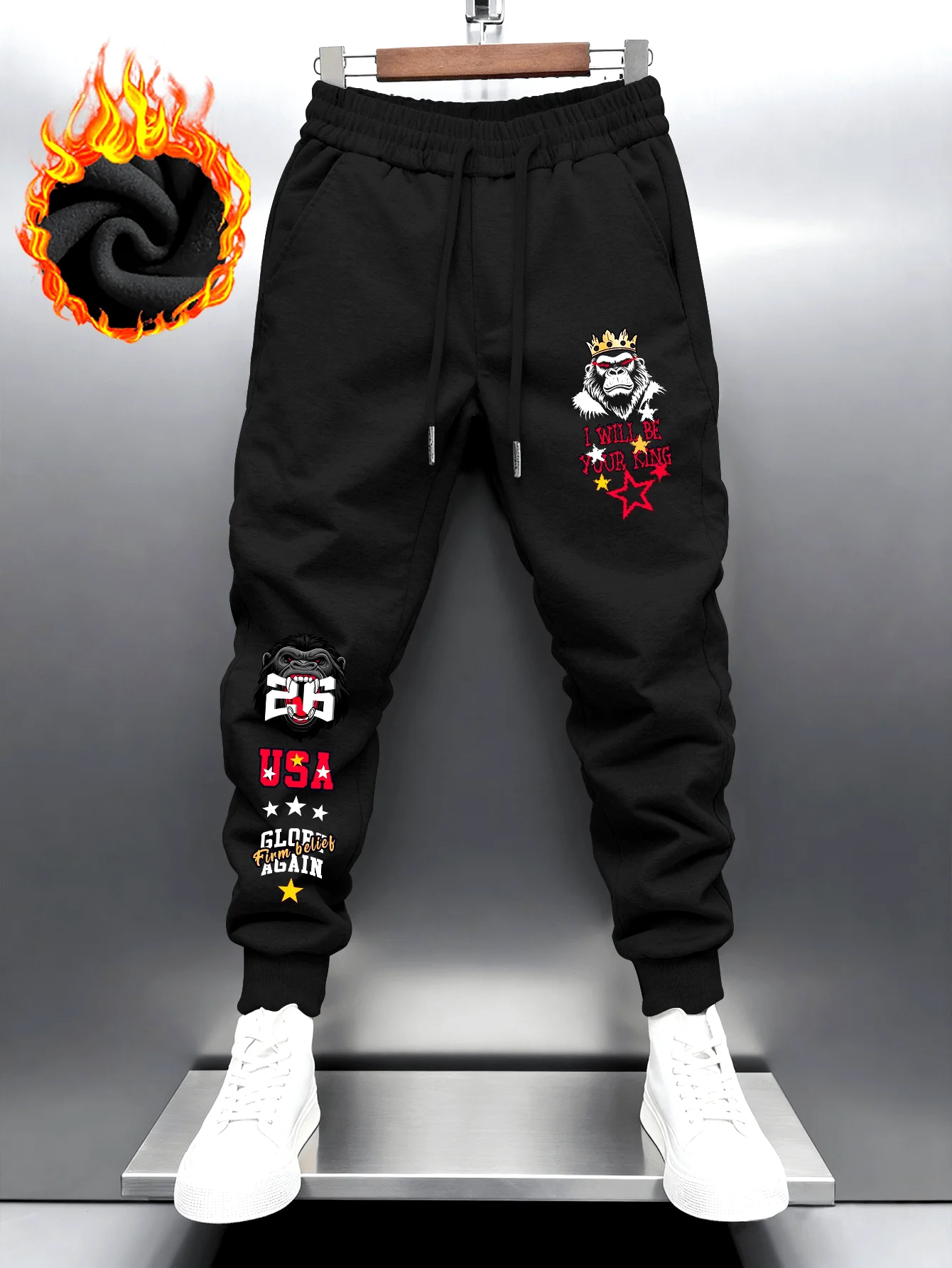 Crown gorilla king figure usa star motivational fleece sweatpants for men hip hop sports street jogger trousers
