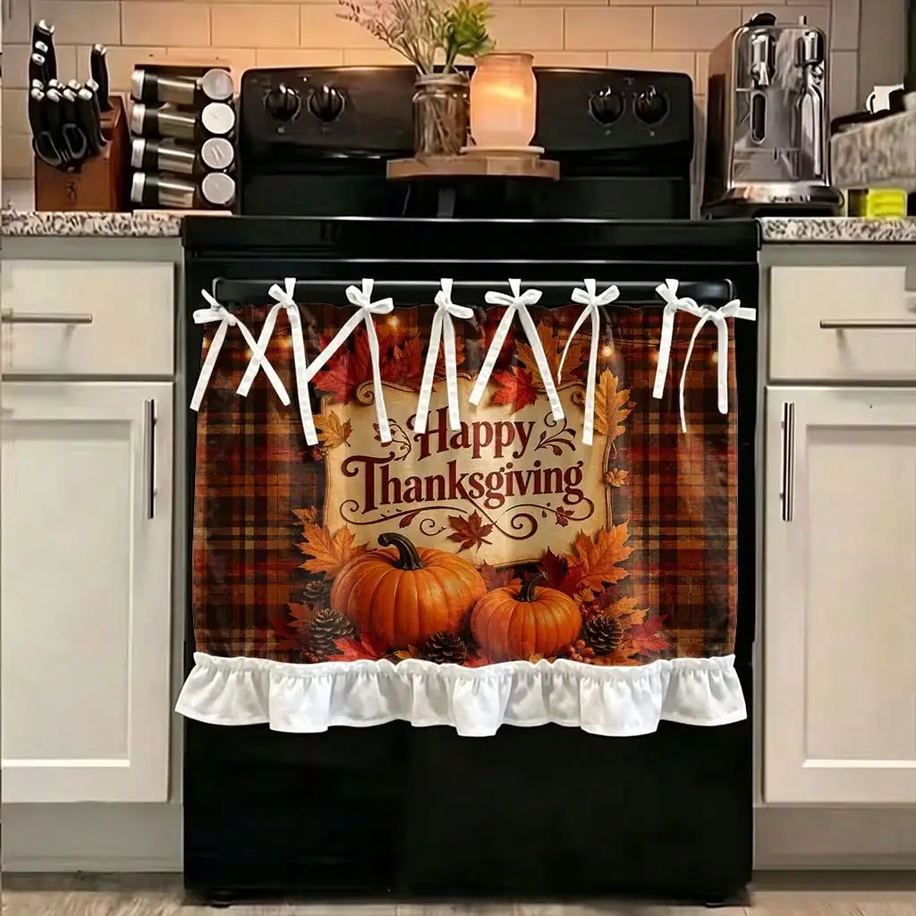 2D Flat, 1pc Farmhouse Fall Harvest Kitchen Stove Oven Valance, 2D Print Happy Thanksgiving Autumn Leaves Pattern Autumn Home Decor Curtain for Dishwasher Microwaves Cabinet Kitchen Sink, Festival Gift, Makes a Great Addition to Thanksgiving Family