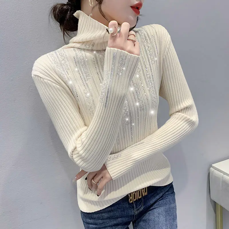 Autumn Winter Female Korean Diamonds Spliced Solid Sweaters Casual Fashion Long Sleeve Turtleneck Knitted Tops Women\'s Clothing