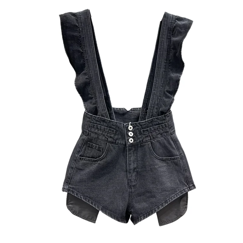 Mono vaquero de cintura alta con efecto antienvejecimiento, plones cortos de verano para mujer con bolsillos, jeans de pi...