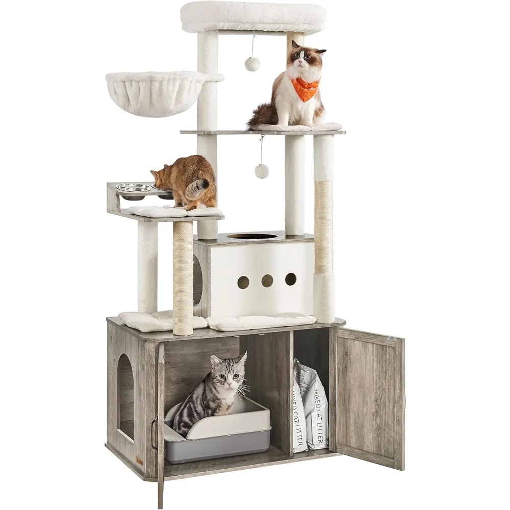 

66.9-Inch Cat Tower with Litter Box Enclosure, Large Condo with Food Station, Storage, Scratching Posts, Cave, Hammock,