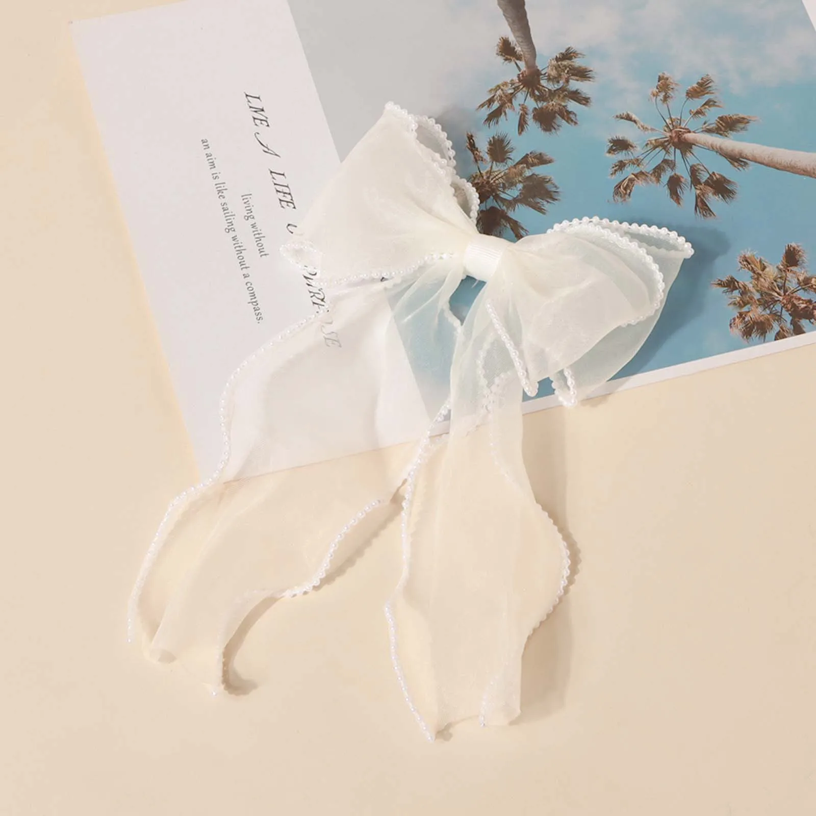 New Style Beige Lace Pearl Decor Bow Hair Clip Girl Wedding Party Decor Fashion Barrette Teenager Photograph Wear Hair Accessory