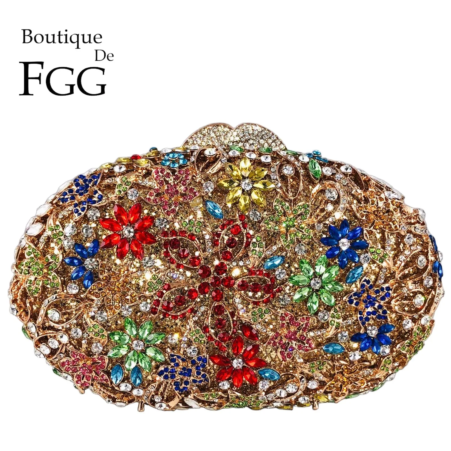 

Boutique De FGG Colorful Gold Women Crystal Clutch Purse Flower Evening Bags Wedding Party Mianudiere Clutch Handbags and Purses