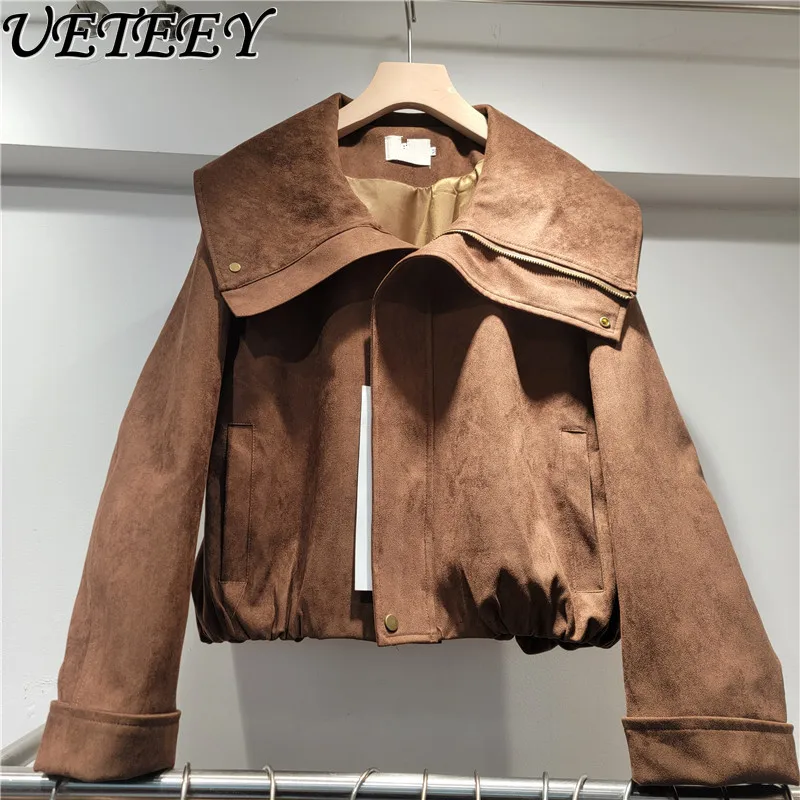 

Новая зимняя корейская ретро-куртка 2025 года с большим отложным воротником из замши, мягкая коричневая, укороченная, для женщин, однотонная, свободная, повседневная, укороченная куртка-топ для дам