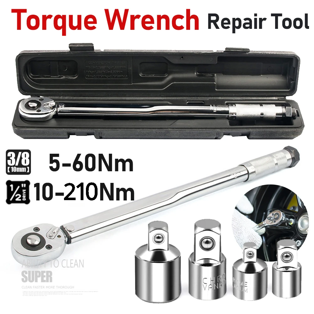 

Ratchet Torque Wrench Square Drive 5-210N.m Reversible Ratchet Key 3/8" 1/2" Adjustable Torque Spanner Precise Preset Hand Tool